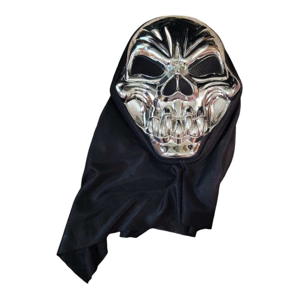 Metallic Silver Skull Mask Hood Adult Halloween Horror Skeleton Costume Chrome